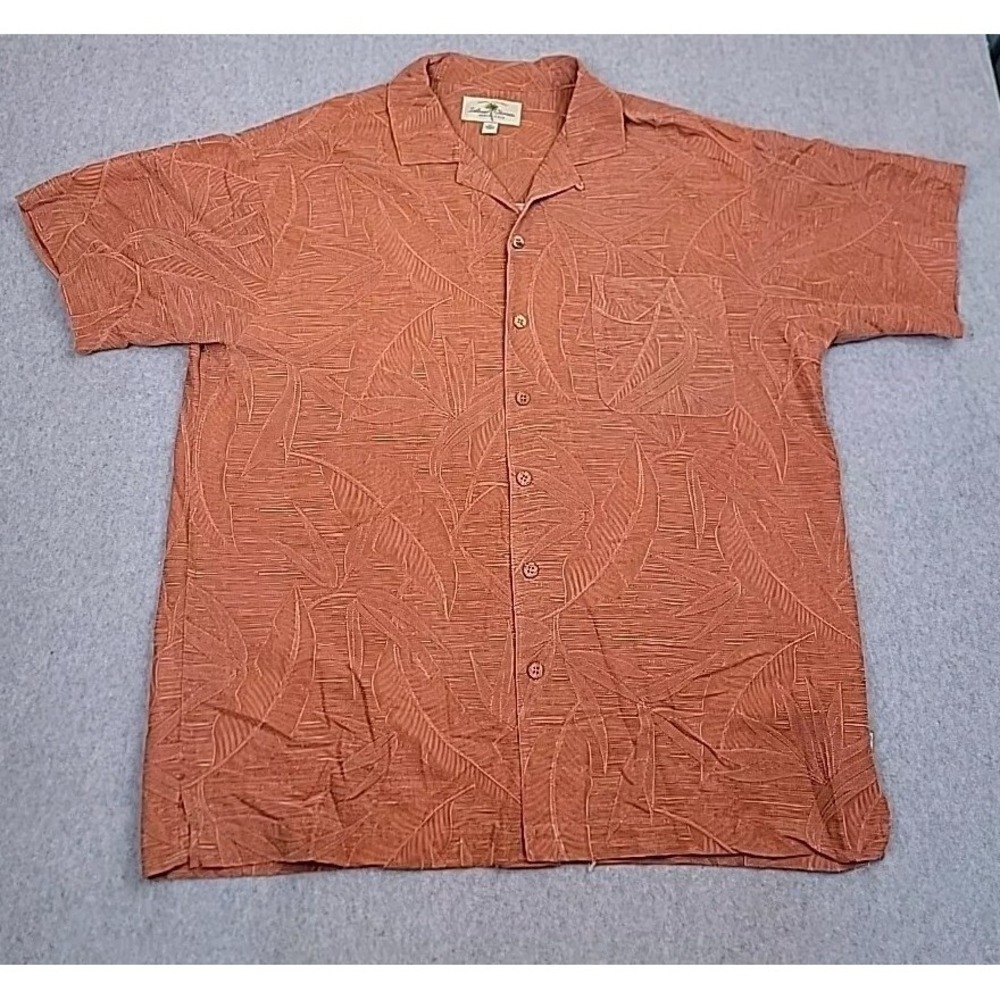 Island Shores Silk Shirt Mens XL Orange Jacquard Palm Leaf Short Sleeve Camp Top